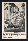 CHILE - 1907 - EARTHQUAKE & POSTCARD: Black & white PPC 'Terremoto de Santiago. - Mausoleo de la Familia Pereira Iniguez' showing the ruins of the destroyed mausoleum with the Crucifix still on the interior wall franked on message side with 1905 3c brown (SG 106) tied by SANTIAGO cancel dated 12 APR 1907. Addressed to FRANCE. The message reads 'You still see the affects of the Terremoto all about here, it must have been awful'.  (CHI36212)