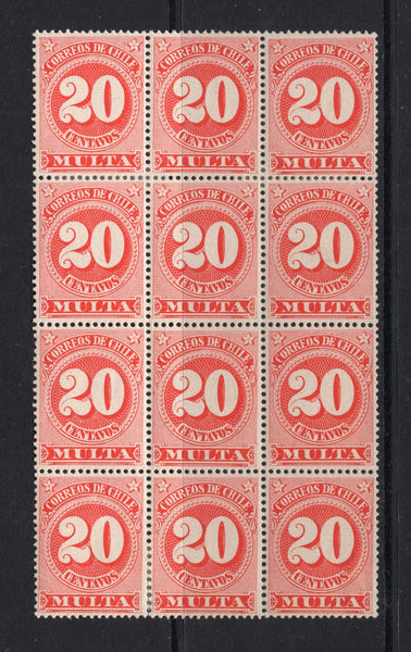 CHILE - 1898 - POSTAGE DUE & MULTIPLE: 20c rose 'Postage Due' issue, a fine mint block of twelve. Some perf separation. (SG D114)  (CHI/37690)