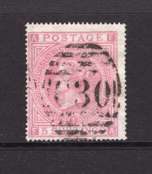 CHILE - 1867 - BRITISH POST OFFICE: 5/- rose QV issue of Great Britain, plate 1, fine used with complete strike of barred numeral 'C30' of the British P.O. at VALPARAISO. (SG Z88)  (CHI/41664)