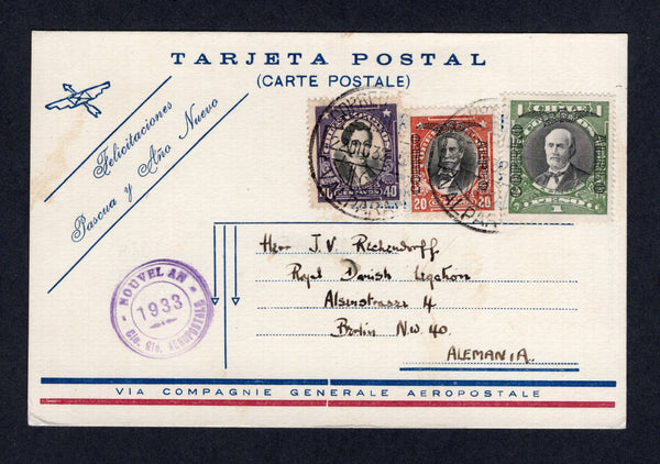 CHILE - 1933 - AIRMAIL & CHRISTMAS GREETINGS CARD: Printed 'Felicitaciones Pascua y Ano Nuevo' CGA Christmas greetings card (with plain back) franked with 1915 40c black & violet 'Presidente' issue and 1928 20c black & orange red and 1p black & green 'Presidente' AIR overprint issue (SG 169, 200 & 213a) paying the reduced 1p 20c December rate for cards sent to Europe tied by CORREO AEREO VALPARAISO cds's dated 22 DEC 1933. Addressed to GERMANY. This was the first card issued for this service. Rare. (Madsen