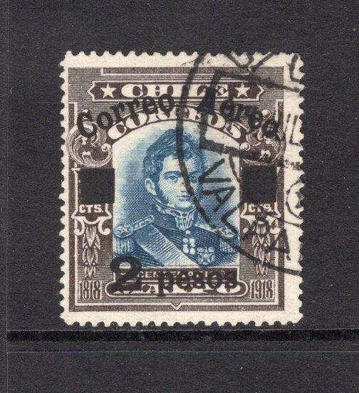 CHILE - 1927 - TESTART AIRMAILS: 2p on 10c blue & black brown 'Testart' AIR overprint issue a very fine cds used copy. (SG 184d)  (CHI/41760)