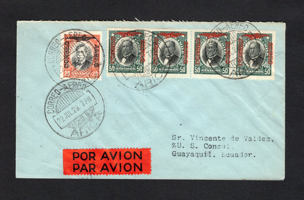 CHILE - 1929 - FIRST FLIGHT: Cover franked with 1928 20c black & orange brown and strip of four 50c black & green 'Presidente' AIR overprint issue (SG 191 & 216) tied by CORREO AEREO ARICA cds's dated 22 JUL 1929 with black on red airmail label alongside. Flown on the Arica - Guayaquil first flight. Addressed to the US Consul in GUAYAQUIL, ECUADOR with arrival cds and consular cachet on reverse. Scarce. (Muller #30)  (CHI/42327)