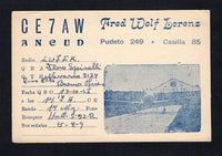 CHILE - 1957 - ISLAND MAIL & HAM RADIO CARD: Stampless illustrated blue on buff 'CE7AW ANCUD' HAM Radio card with illustration of 'Club Aereo Ancud' on one side used with various manuscript annotations and dated 13-10-1957. Addressed to SANTIAGO. Attractive.  (CHI/42370)