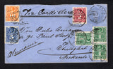 CHILE - 1897 - POSTAL STATIONERY & ROULETTE ISSUE: 10c blue on blue 'Columbus' postal stationery envelope (H&G B6a) used with added 1878 3 x 1c green, 2c crimson lake, 5c bright ultramarine and 10c orange 'Roulette' issue (SG 54, 57, 59 & 60) tied by multiple strikes of SANTIAGO 1 cds dated 19.1.1897. Addressed to GERMANY with BUENOS AIRES transit cds and German arrival cds on reverse. A lovely four colour franking.  (CHI/42502)