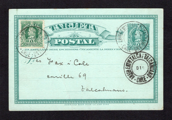 CHILE - 1903 - TRAVELLING POST OFFICES: 1c deep green on bluish green 'Arias' postal stationery card (H&G 24) sent from CONCEPCION with company imprint on reverse used with added 1901 1c green 'Arias' issue (SG 87) tied by two strikes of AMBCIA ENTRE TALCA i TALCAHUANO travelling P.O. cds dated DIC 1903 with third fine strike alongside. Addressed to TALCAHUANO with arrival cds on reverse.  (CHI/42637)