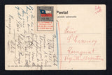 CHILE - 1921 - TRAVELLING POST OFFICES & CINDERELLA: Black & white PPC 'Puerto Montt' datelined 'Rancagua Chile 9/6/1921' on picture side franked with 1915 2 x 1c dull green, 2c scarlet and 4c brown 'Presidente' issue (SG 157/159) on picture side tied by three strikes of AMBULANCIA 32 cds dated 9 JUN 1921 (Los Andes - La Cuevas line). Addressed to ARGENTINA with fine blue, red & black 'Flag' CINDERELLA label inscribed 'P. LATORRE R.' & 'PAZ 1920' on message side with SANTIAGO transit cds. Very attractive. 