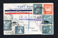 CHILE - 1943 - AIRMAIL & REGISTERED POSTCARD: Plain postcard franked with 1934 20c blue, 2 x 1p bluish slate, pair 2p light blue and 5p orange red 'International' AIR issue (SG 238, 244/245 & 248) tied by CORREO AEREO SANTIAGO cds's dated 15 JAN 1943 with boxed registration marking in violet alongside. Addressed to UK with 'PAA' airmail label, circular US censor mark and transit and arrival marks on front & reverse. A very unusual registered airmail postcard rate.  (CHI/42640)