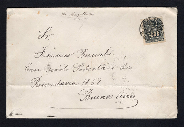 CHILE - 1893 - ROULETTE ISSUE: Cover with manuscript 'Via Magallanes' at top franked with single 1878 20c slate grey 'Roulette' issue (SG 62) tied by SANTIAGO cds dated 25 X. 1893. Addressed to ARGENTINA with VAPARAISO transit cds and Argentinian arrival cds's on reverse.  (CHI/43106)
