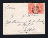 CHILE - 1901 - POSTAL FISCAL: Cover franked with pair 1880 1c red 'Postal Fiscal' issue (SG F67, authorised for postal use during stamp shortage from 29 Oct 1900 - 30 Jan 1901, the shortest fourth period of use) tied by SANTIAGO 2 cds dated 2 JAN 1901. Addressed to TILTIL.  (CHI/43107)