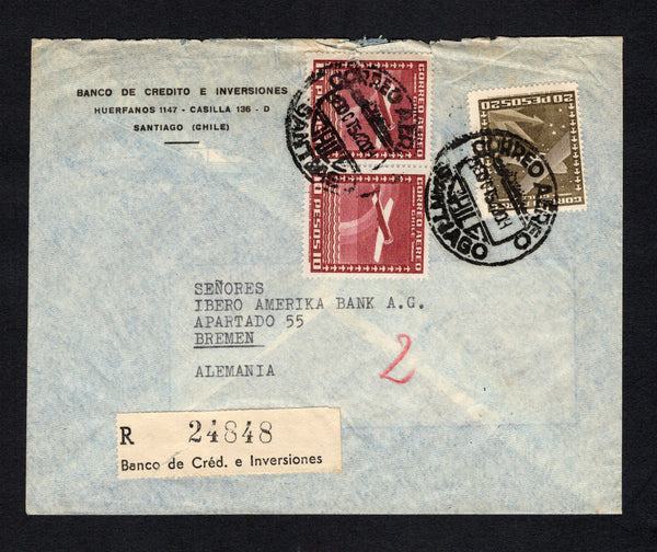 CHILE - 1954 - PRIVATE REGISTRATION: Printed 'Banco de Credito e Inversiones, Santiago (Chile)' registered airmail cover franked with 1944 pair 10p claret and 20p brown olive 'International' AIR issue (SG 365 & 366) tied by SANTIAGO cds's dated 18 OCT 1954 with printed black on white 'R 24848 Banco de Cred. e Inversiones' registration label alongside. Addressed to GERMANY with arrival mark on reverse.  (CHI/43110)