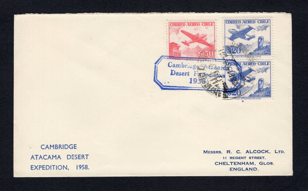 CHILE - 1958 - EXPEDITION MAIL: Printed 'Cambridge Atacama Desert Expedition 1958' cover franked 1958 pair 20p blue and 50p red AIR issue (SG 456a & 456b) tied by SANTIAGO PPAL cds dated 13 SEP 1958 with good strike of boxed 'Cambridge Atacama Desert Expedition 1958' cachet in blue. Addressed to UK.  (CHI/43112)