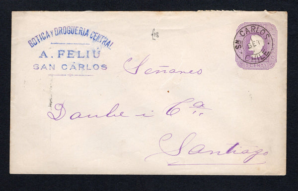 CHILE - 1893 - CANCELLATION: 5c violet postal stationery envelope (H&G B13a) used with fine SN CARLOS cds dated 1 SET 1893. Addressed to SANTIAGO with arrival mark on reverse.  (CHI/43271)