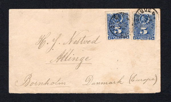 CHILE - 1885 - DESTINATION: Cover franked with 2 x 1878 5c bright ultramarine 'Roulette' issue (SG 59) tied by two strikes of IQUIQUE CHILE cds dated 3 MAY 1885. Addressed to DENMARK with transit & arrival marks on reverse. An unusual destination at this date.  (CHI/43429)