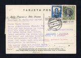 CHILE - 1935 - AIRMAIL & CHRISTMAS GREETINGS CARD: Black & white illustrated 'CONDOR' Christmas & New Year greetings postcard with image of an airplane flying over mountains franked with 1928 1p black & green and 1931 10c blue on message side and 1934 2 x 30c black brown and 1p bluish slate 'International' AIR issue on picture side (SG 188, 231, 239 & 244) all tied by CORREO AEREO SANTIAGO cds's dated 25 DEC 1935. Addressed to POLAND with WARSAW transit cds on front. A very scarce card in used condition. (