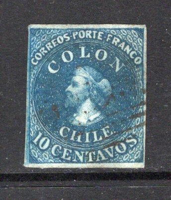 CHILE - 1861 - CLASSIC ISSUES: 10c deep blue 'Perkins Bacon Last London' printing a fine four margin lightly used copy. (SG 32)  (CHI43658)