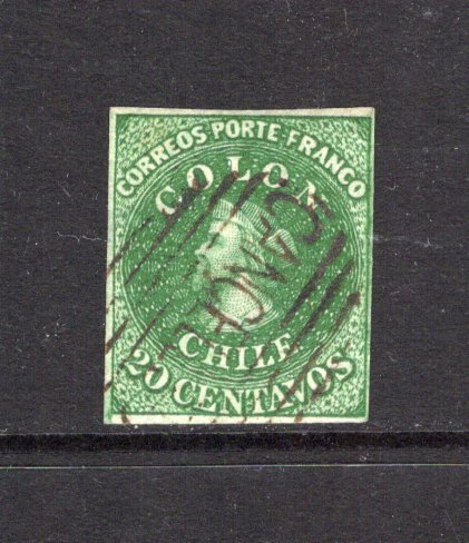 CHILE - 1861 - CLASSIC ISSUES: 20c green 'Perkins Bacon Last London' printing a good used copy with four huge margins. (SG 33)  (CHI43764)