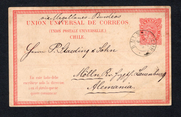 CHILE - 1881 - POSTAL STATIONERY & CANCELLATION: 3c red postal stationery card on thin stock (H&G 4) datelined 'Maipu junio 5 de 1881' on reverse used with fine strike of BUIN cds dated 6 JUN 1881. Addressed to GERMANY. A scarce card used from smaller post offices.  (CHI43826)