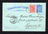 CHILE - 1901 - ISLA JUAN FERNANDEZ: 2c ultramarine on light blue postal stationery card (H&G 16) datelined 'Robinson Insel, Isla Juan Fernandez, 21 Juni 1901' on reverse used with added 1900 2c lake 'Cabezone' issue (SG 83) tied by two strikes of ISLAS DE JUAN FERNANDEZ cds dated 21 JUN 1901. Addressed to SWITZERLAND with VALPARAISO transit cds on reverse and Swiss arrival cds on front. A rare early card from Juan Fernandez.  (CHI43827)