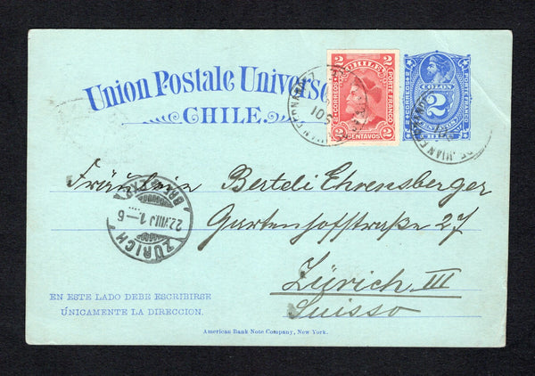 CHILE - 1901 - ISLA JUAN FERNANDEZ: 2c ultramarine on light blue postal stationery card (H&G 16) datelined 'Robinson Insel, Isla Juan Fernandez, 21 Juni 1901' on reverse used with added 1900 2c lake 'Cabezone' issue (SG 83) tied by two strikes of ISLAS DE JUAN FERNANDEZ cds dated 21 JUN 1901. Addressed to SWITZERLAND with VALPARAISO transit cds on reverse and Swiss arrival cds on front. A rare early card from Juan Fernandez.  (CHI43827)