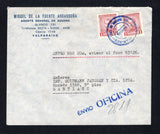 CHILE - 1963 - PRIVATE EXPRESS COMPANIES: Commercial cover with 'Miguel de la Fuente Argandona Agente General de Aduana Valparaiso' company imprint at top and typed 'ANDES MAR BUS, avisar al fono 63126' notation franked with 2 x 1960 1c lake red (SG 491) tied by undated ANDES MAR - BUS LOS RAPIDOS DE CHILE VALPARAISO cancel in blue with straight line 'ENVIO OFICINA 2811' marking alongside with manuscript express number. Addressed to SANTIAGO. Very scarce.  (CHI43828)