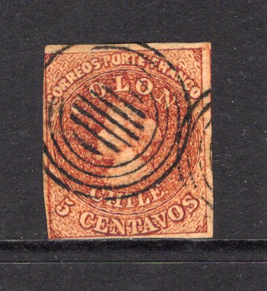 CHILE - 1854 - CLASSIC ISSUES: 5c burnt sienna 'Gillet' recess printing, a fine used four margin copy, tight in places. (SG 10)  (CHI43937)