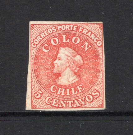 CHILE - 1866 - PROOF: 5c red 'Columbus' issue IMPERF PROOF on unwatermarked ribbed paper. (As SG 37)  (CHI44279)