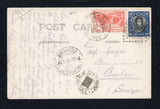 CHILE - 1923 - ISLA JUAN FERNANDEZ: Black & white PPC 'Isla Juan Fernandez, (Chile) Bahia Cumberland' franked on message side with 1915 10c black & blue and 1923 2c red (SG 163 & 176) tied by two strikes of JUAN FERNANDEZ cds dated 31 DIC 1923 with fine strike of the first ISLAS DE JUAN FERNANDEZ cds with date slugs blocked out alongside. Addressed to SWITZERLAND with VALPARAISO transit cds on front. A very rare card with the latest recorded use of the first Juan Fernandez cds.  (CHI44334)