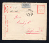 CHILE - 1901 - POSTAL STATIONERY: 15c lilac postal stationery registered envelope (H&G C1) used without any added stamps with manuscript 'Ovalle' origination & '58' registration number in corner with OVALLE cds on front & reverse dated 15 NOV 1901. Addressed to VALPARAISO with printed black on grey 'VALPARAISO CERTIFICADO CIUDAD' transit registration label on front and VALPARAISO arrival cds on reverse.  (CHI45564)
