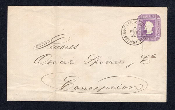 CHILE - 1895 - TRAVELLING POST OFFICES: 5c violet postal stationery envelope (H&G B13a) used from LOS ANJELES with firms cachet on reverse with superb strike of AMBCIA ENTRE ANJELES i SANTA FE cds dated 9 JAN 1895. Addressed to CONCEPCION with arrival cds on reverse.  (CHI/8277)