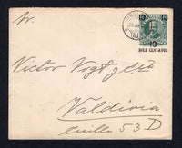 CHILE - 1916 - TRAVELLING POST OFFICES: 10c on 2c green 'Presidente' postal stationery envelope (H&G B27) used with fine strike of AMBULANCIA 81 travelling P.O. cds (Temuco - Carahue line). Addressed to VALDIVIA with arrival cds on reverse.  (CHI/8295)