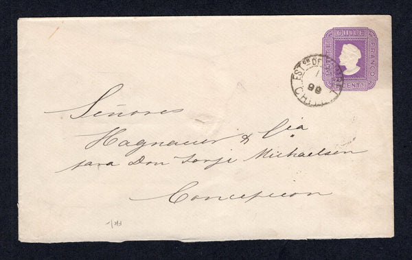 CHILE - 1899 - TRAVELLING POST OFFICES & CANCELLATION: 5c violet postal stationery envelope (H&G B12b) used with ESTON DE YUMBEL cds addressed to CONCEPCION with fine strike of AMBCIA ENTRE TALCA i TALCAHUANO travelling P.O. cds on reverse with CONCEPCION arrival cds.  (CHI/9047)