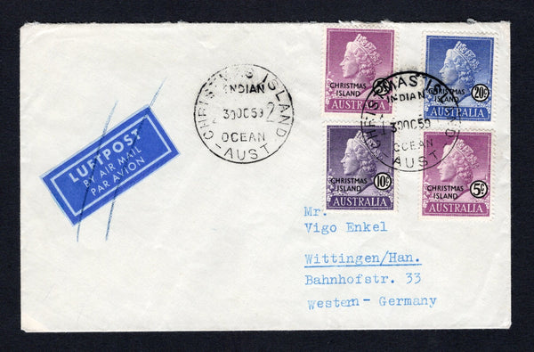 CHRISTMAS ISLAND - 1959 - QE2 ISSUE: Airmail cover franked with 1958 2 x 5c deep mauve, 10c violet and 20c blue QE2 issue (SG 3, 6 & 8) tied by CHRISTMAS ISLAND INDIAN OCEAN AUST cds's dated 30 OC 1959. Addressed to GERMANY.  (CHR/42184)