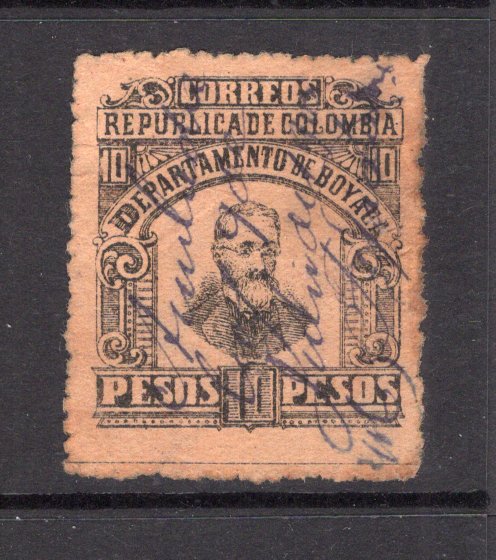 COLOMBIAN STATES - BOYACA - 1903 - HIGH VALUE ISSUE: 10p black on buff 'President Marroquin' issue, perf 12, a very fine used copy with extensive four line manuscript cancel. Fewer than 10 copies are recorded as genuine used. Rare. (SG 11B)  (COL/10854)