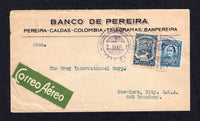 COLOMBIAN AIRMAILS - SCADTA - 1928 - CANCELLATION: Headed 'Banco de Pereira' envelope franked with 1923 4c blue (SG 395) and SCADTA 1923 30c blue (SG 41) both tied by undated SERVICIO TRANSPORTES DE AEREOS PEREIRA cancels in purple with date handstruck separately alongside. Addressed to USA with BARRANQUILLA transit cds on front and 'Use the Colombian Air Mail It saves you 18 days, Information & stamps through American Trading Co. 25 Broad Street, New York' AMERICAN consular agents cachet in blue on revers