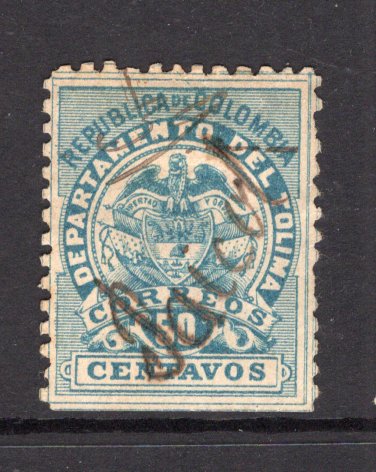COLOMBIAN STATES - TOLIMA - 1888 - CANCELLATION: 50c blue, perf 10½-11 used with PAICOL manuscript cancel. Small thin but scarce. (SG 65)  (COL/16891)