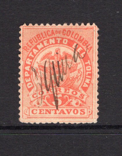 COLOMBIAN STATES - TOLIMA - 1895 - CANCELLATION: 5c vermilion, perf 12 used with IQUIRA manuscript cancel. Rare. (SG 69)  (COL/16892)