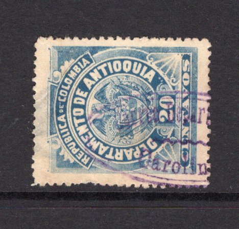 COLOMBIAN STATES - ANTIOQUIA - 1896 - CANCELLATION: 20c bright blue used with large part handstruck oval undated CORREO DEPARTAMENTAL CAROLINA  cancel. (SG 112)  (COL/16945)