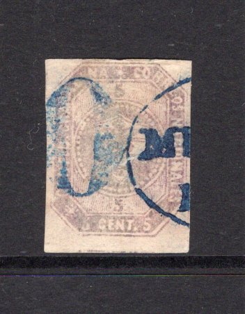 COLOMBIA - 1859 - CLASSIC ISSUES: 5c lilac 'First Issue' a superb used copy with '0' rate mark and part oval MEDELLIN FRANCA cancel both in blue. Four large margins. (SG 3a)  (COL/1724)