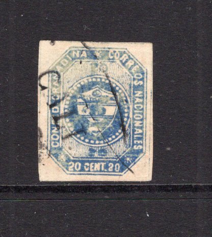 COLOMBIA - 1859 - CLASSIC ISSUES: 20c blue 'First Issue' a superb used copy with part CALI FRANCA cancel, four huge margins. Tiny thin. (SG 5)  (COL/1726)