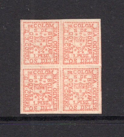 COLOMBIAN STATES - BOLIVAR - 1863 - CLASSIC ISSUE & MULTIPLE: 1p red 'First Issue', a fine mint block of four, margins all round. Uncommon in multiples. (SG 3)  (COL/18594)