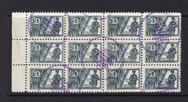 COLOMBIAN PRIVATE EXPRESS COMPANIES - 1911 - MEDELLIN: 50c slate green 'Correos Urbano SMP Medellin' 'Postman' issue a fine side marginal block of twelve used with multiple strikes of large circular 'SMP' cancel in violet. (Hurt & Williams #13b)  (COL/18962)