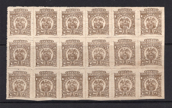 COLOMBIAN STATES - TOLIMA - 1903 - MULTIPLE & VARIETY: 1p brown, perf 12, a fine mint block of eighteen with poor perforations, some omitted creating a compound perf & imperf block. A rare & unusual multiple. (SG 89)  (COL/25387)