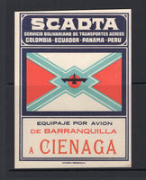 COLOMBIAN AIRMAILS - SCADTA - 1930 - BAGGAGE LABEL: Large rectangular BAGGAGE label with SCADTA emblem and inscribed SCADTA SERVICIO BOLIVARIANO DE TRANSPORTES AEREOS COLOMBIA - ECUADOR - PANAMA - PERU EQUIPAJE POR AVION DE BARRANQUILLA A CIENAGA. Very fine.  (COL/25405)