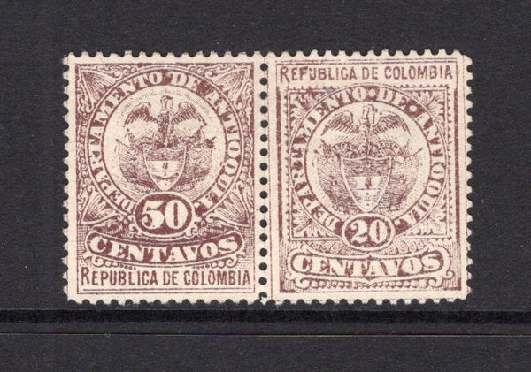 COLOMBIAN STATES - ANTIOQUIA - 1889 - VARIETY: 50c brown violet in a pair with the 20c brown violet ERROR OF COLOUR. This variety arose from a 20c cliché being included in the 50c sheet in error. A very fine unused pair. Rare and underrated. (SG 79 & 79a)  (COL/27688)