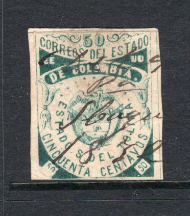 COLOMBIAN STATES - TOLIMA - 1871 - CLASSIC ISSUES: 50c deep green used with nice three line IBAGUE 1872 manuscript cancel, four margins. Light vertical crease but a scarce stamp in genuine used condition. (SG 16)  (COL/27705)
