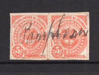 COLOMBIAN STATES - SANTANDER - 1884 - CANCELLATION: 5c vermilion a fine pair used with PAMPLONA manuscript cancel across the two stamps. (SG 2)  (COL/27710)