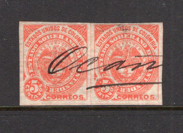 COLOMBIAN STATES - SANTANDER - 1884 - CANCELLATION: 5c vermilion a fine pair used with large part OCANA manuscript cancel across the two stamps. (SG 2)  (COL/27711)