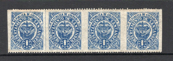 COLOMBIAN STATES - SANTANDER - 1889 - VARIETY: 1c blue a strip of four with variety IMPERF VERTICALLY creating two IMPERF BETWEEN HORIZONTAL PAIRS, fine mint. Underrated. (SG 10a)  (COL/27718)