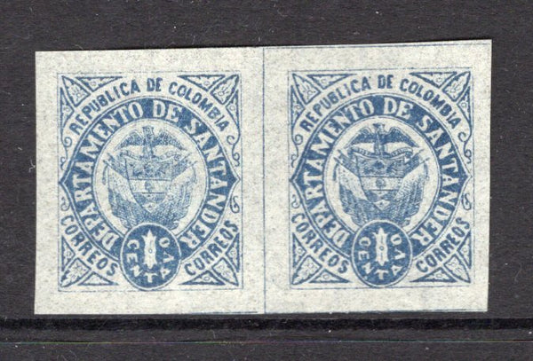 COLOMBIAN STATES - SANTANDER - 1889 - PROOF: 1c grey blue a fine IMPERF PROOF PAIR on thin paper, huge margins all round. (As SG 13)  (COL/27719)