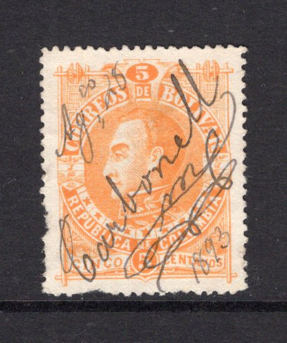 COLOMBIAN STATES - BOLIVAR - 1891 - CANCELLATION: 5c orange used with superb fancy CARBONELL AGDO 28 1893 manuscript cancel. Some perf faults but very scarce. (SG 57)  (COL/29435)